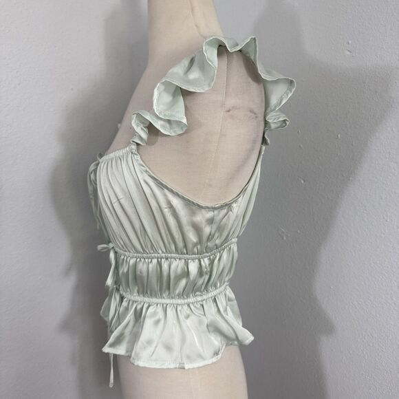 Foreza 21 Top Women S Mint Green‎ Satin Ruffle Milkmaid Fairy 90s Y2K - Picture 3 of 9